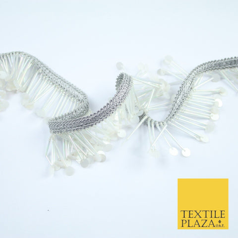 SILVER PEARL WHITE Sequin Glass Tube Fringe Tassel Trim Ribbon Border Lace X127
