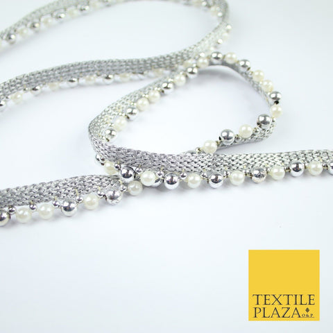 Silver Chrome / White Pearl Beaded Ribbon Trim Border Lace - 1.5cm Wide - X586