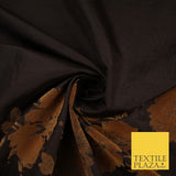Brown Large Floral Motif Flocked Faux Silk Taffeta Fabric Dress Material 9148