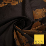 Brown Large Floral Motif Flocked Faux Silk Taffeta Fabric Dress Material 9148