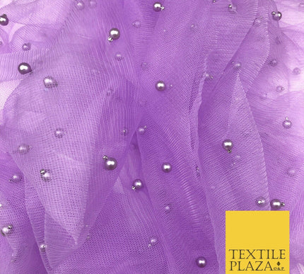 LAVENDER PURPLE Studded Pearl Mesh Net Fabric Bridal Sheer Craft Dress N1105