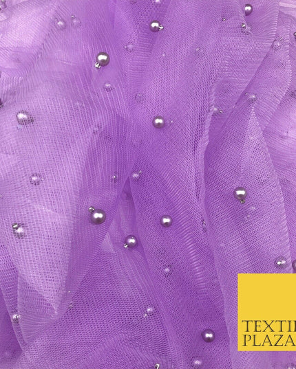 LAVENDER PURPLE Studded Pearl Mesh Net Fabric Bridal Sheer Craft Dress N1105
