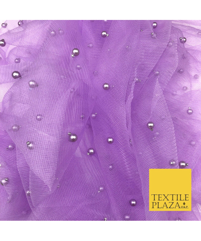 LAVENDER PURPLE Studded Pearl Mesh Net Fabric Bridal Sheer Craft Dress N1105