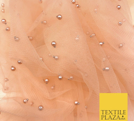 PEACH Studded Pearl Mesh Net Fabric Bridal Sheer Craft Dress N1110