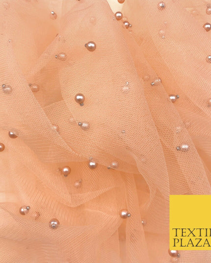 PEACH Studded Pearl Mesh Net Fabric Bridal Sheer Craft Dress N1110