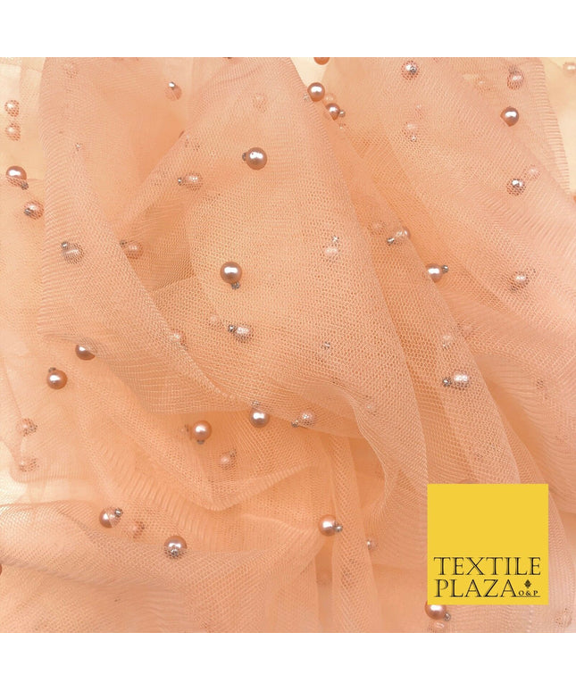 PEACH Studded Pearl Mesh Net Fabric Bridal Sheer Craft Dress N1110