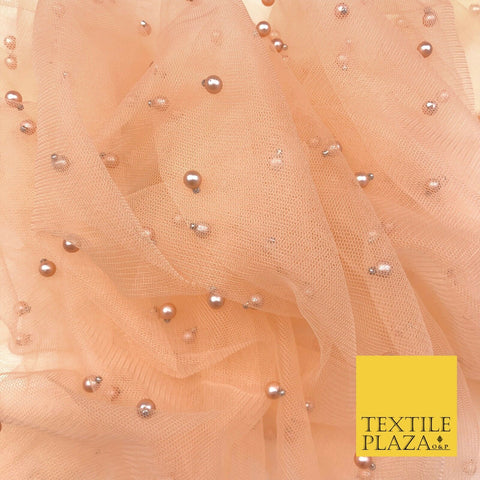 PEACH Studded Pearl Mesh Net Fabric Bridal Sheer Craft Dress N1110