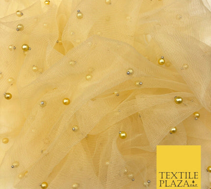 LIGHT YELLOW LEMON Studded Pearl Mesh Net Fabric Bridal Sheer Craft Dress N1104