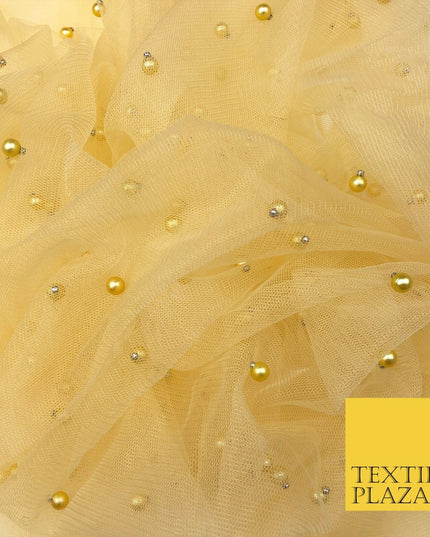 LIGHT YELLOW LEMON Studded Pearl Mesh Net Fabric Bridal Sheer Craft Dress N1104
