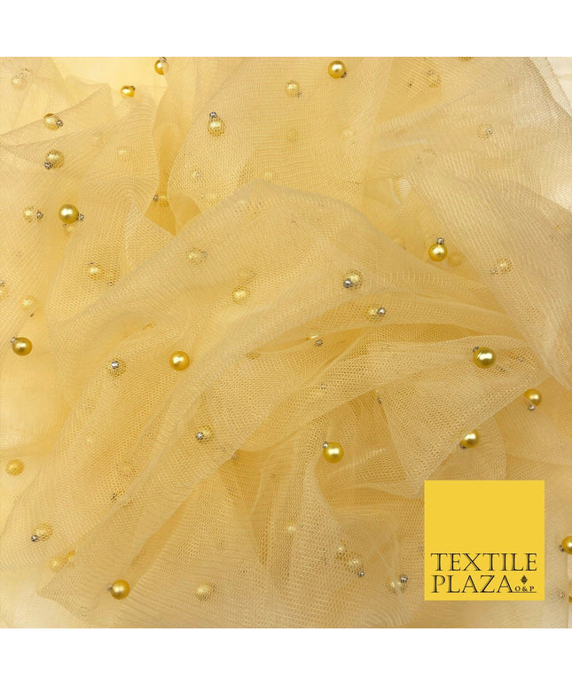 LIGHT YELLOW LEMON Studded Pearl Mesh Net Fabric Bridal Sheer Craft Dress N1104