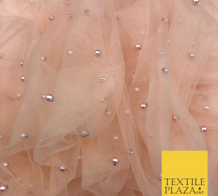 LIGHT PEACH Studded Pearl Mesh Net Fabric Bridal Sheer Craft Dress N1102