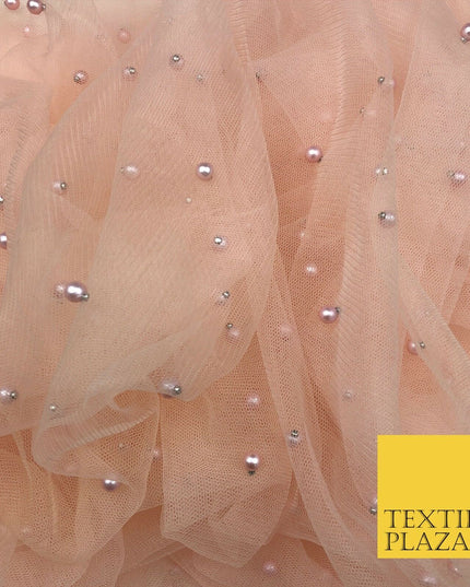 LIGHT PEACH Studded Pearl Mesh Net Fabric Bridal Sheer Craft Dress N1102