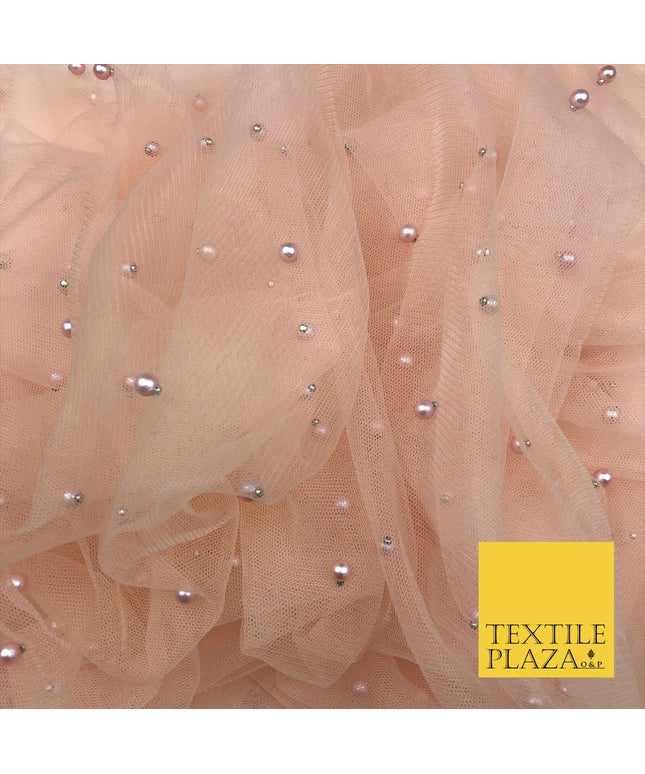 LIGHT PEACH Studded Pearl Mesh Net Fabric Bridal Sheer Craft Dress N1102