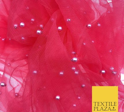 DEEP PINK Studded Pearl Mesh Net Fabric Bridal Sheer Craft Dress N1100
