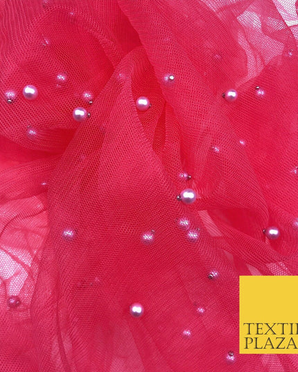 DEEP PINK Studded Pearl Mesh Net Fabric Bridal Sheer Craft Dress N1100