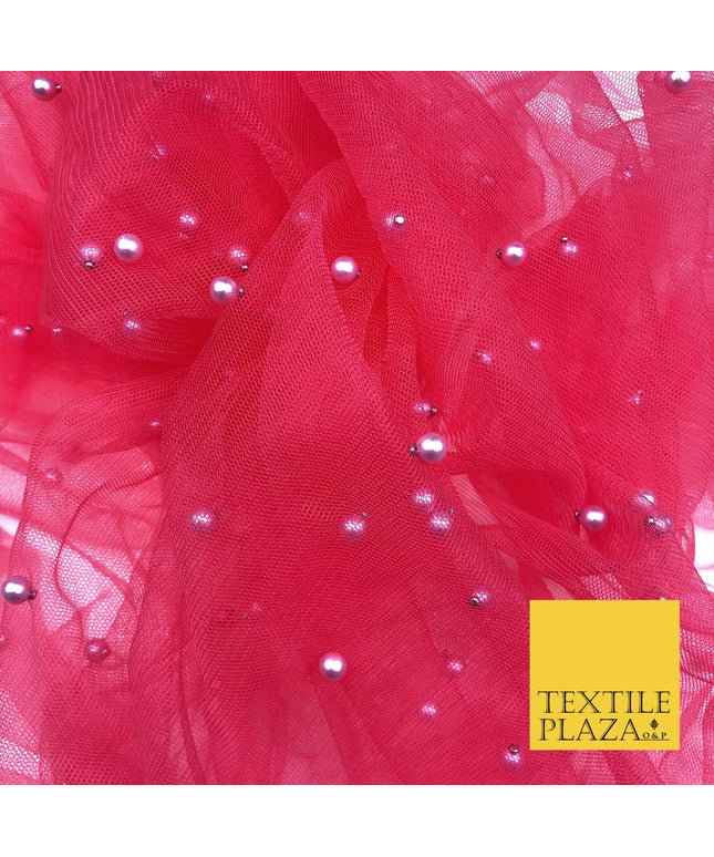 DEEP PINK Studded Pearl Mesh Net Fabric Bridal Sheer Craft Dress N1100