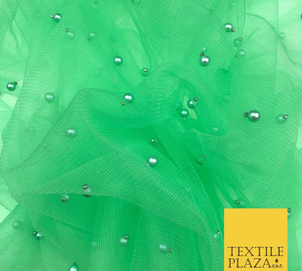 APPLE GREEN Studded Pearl Mesh Net Fabric Bridal Sheer Craft Dress N1099
