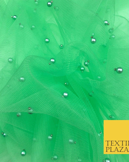 APPLE GREEN Studded Pearl Mesh Net Fabric Bridal Sheer Craft Dress N1099