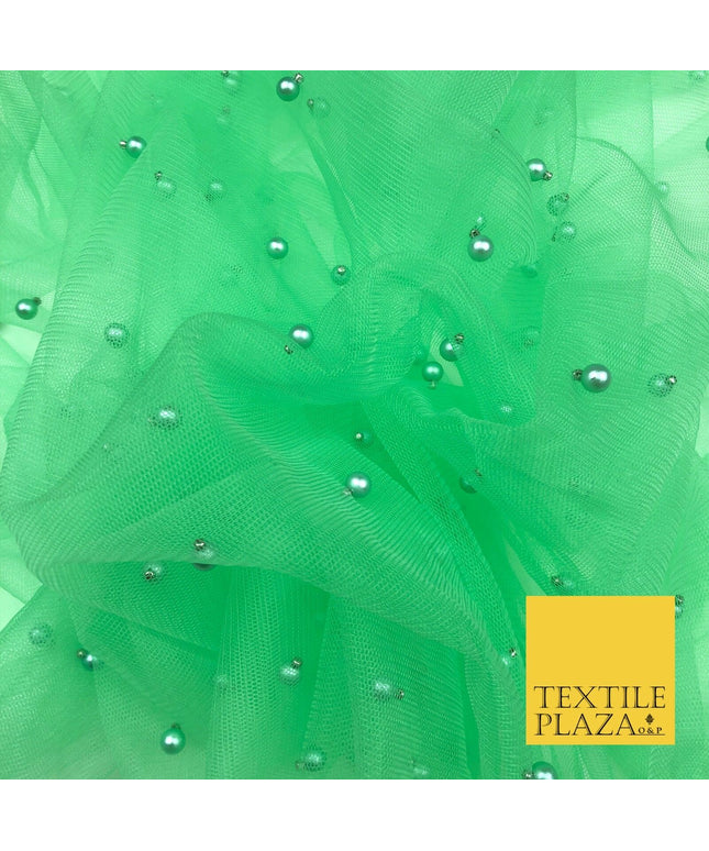 APPLE GREEN Studded Pearl Mesh Net Fabric Bridal Sheer Craft Dress N1099