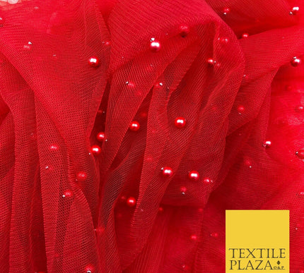 RED Studded Pearl Mesh Net Fabric Bridal Sheer Craft Dress N1101