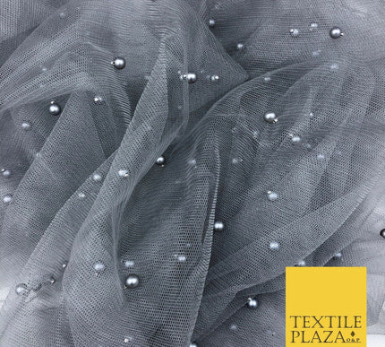STORM GREY Studded Pearl Mesh Net Fabric Bridal Sheer Craft Dress N1110