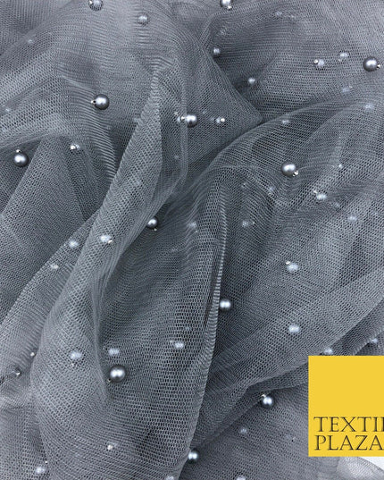 STORM GREY Studded Pearl Mesh Net Fabric Bridal Sheer Craft Dress N1110