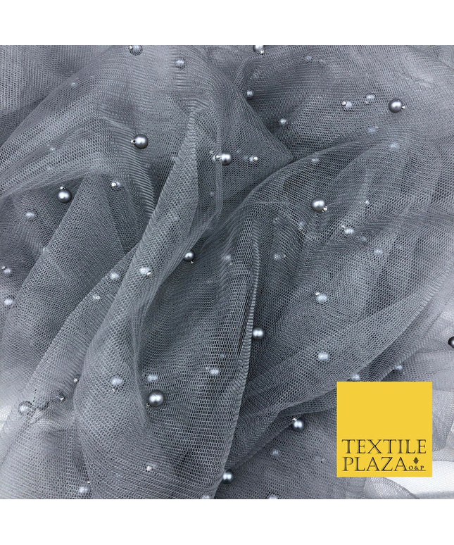 STORM GREY Studded Pearl Mesh Net Fabric Bridal Sheer Craft Dress N1110