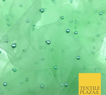 LIGHT APPLE GREEN Studded Pearl Mesh Net Fabric Bridal Sheer Craft Dress N1098