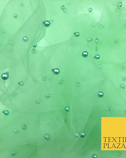 LIGHT APPLE GREEN Studded Pearl Mesh Net Fabric Bridal Sheer Craft Dress N1098