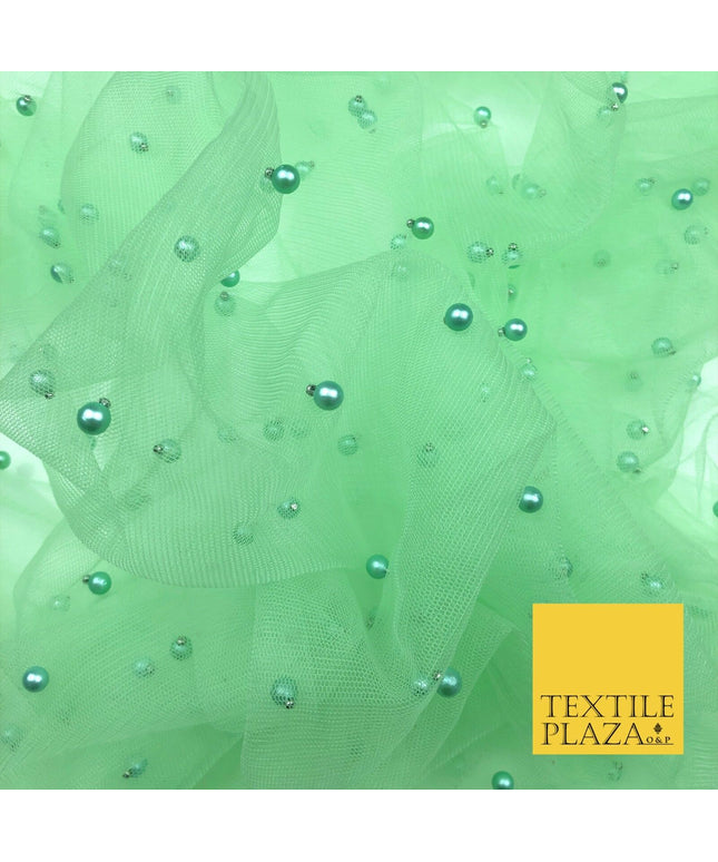 LIGHT APPLE GREEN Studded Pearl Mesh Net Fabric Bridal Sheer Craft Dress N1098