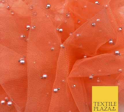 ORANGE Studded Pearl Mesh Net Fabric Bridal Sheer Craft Dress N1097