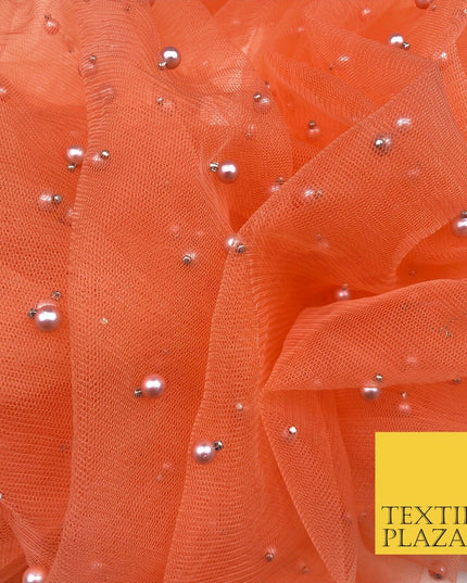 ORANGE Studded Pearl Mesh Net Fabric Bridal Sheer Craft Dress N1097