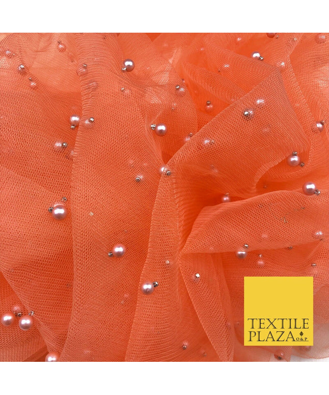 ORANGE Studded Pearl Mesh Net Fabric Bridal Sheer Craft Dress N1097