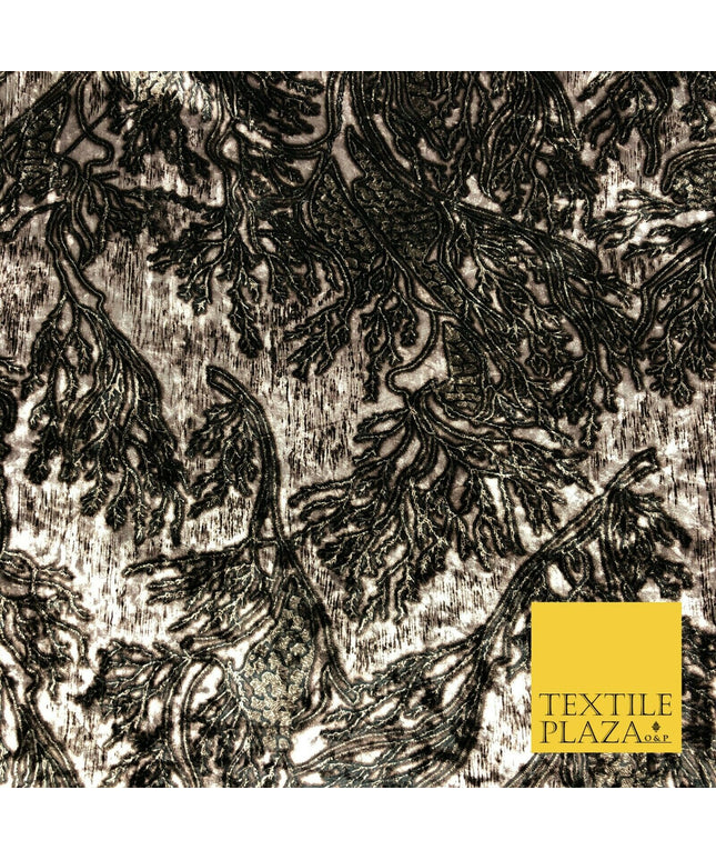 Beige Stone Abstract Branch Leaves Printed Soft Velvet Dress Fabric Craft Q1308