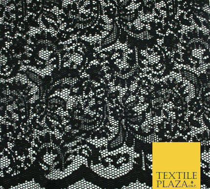 Black Ornate Sequin Check Lace Scallop Fabric Glitzy Dress Dancewear 1937