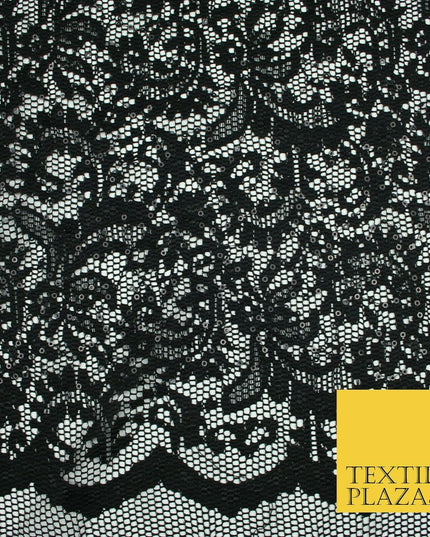 Black Ornate Sequin Check Lace Scallop Fabric Glitzy Dress Dancewear 1937