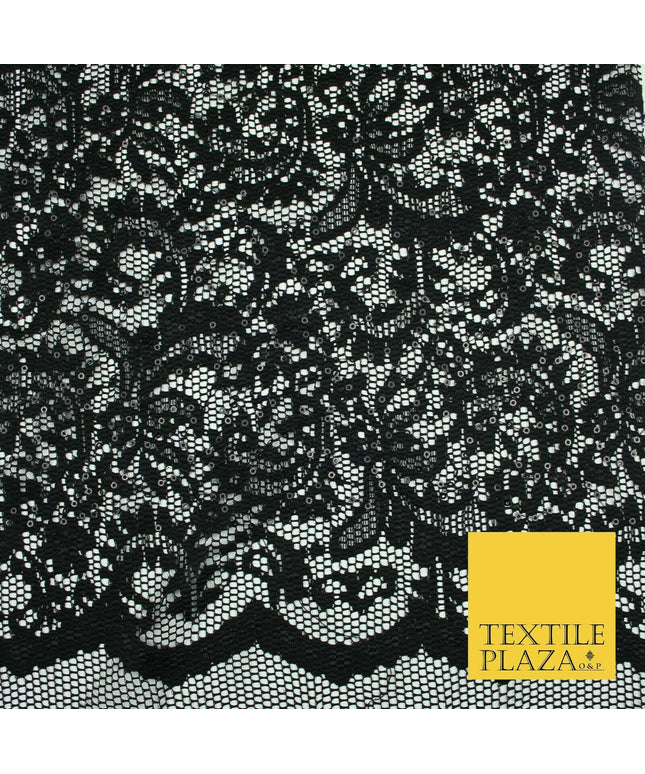 Black Ornate Sequin Check Lace Scallop Fabric Glitzy Dress Dancewear 1937