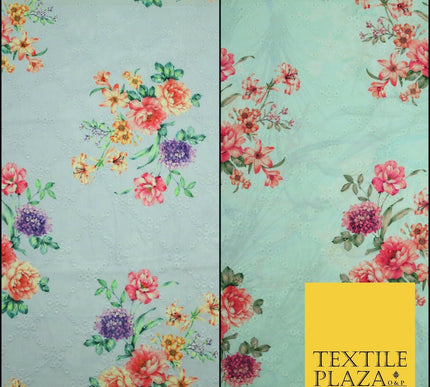 Aqua Grey Lattice Broderie Anglaise Floral 100% Cotton Lawn Print Dress Fabric