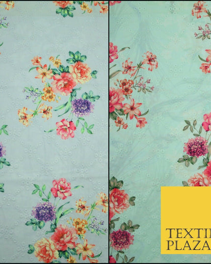 Aqua Grey Lattice Broderie Anglaise Floral 100% Cotton Lawn Print Dress Fabric