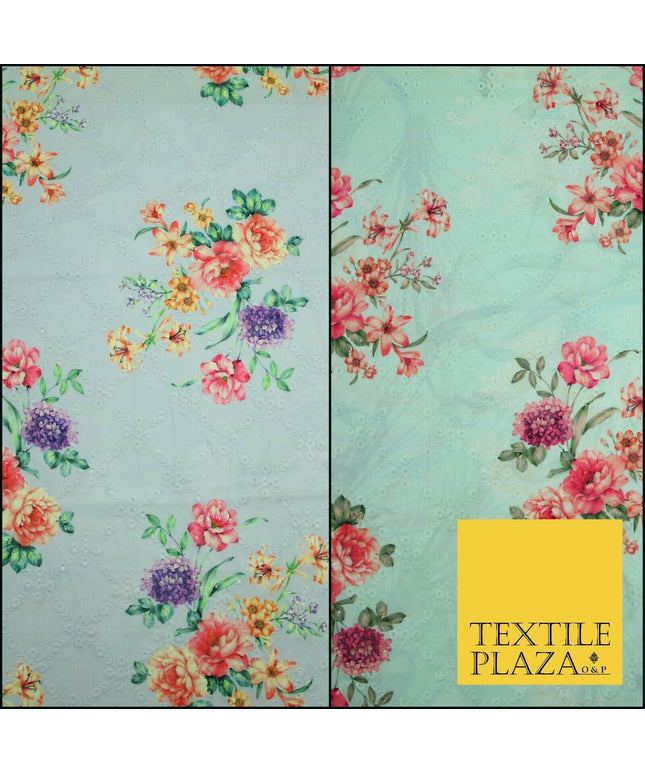 Aqua Grey Lattice Broderie Anglaise Floral 100% Cotton Lawn Print Dress Fabric