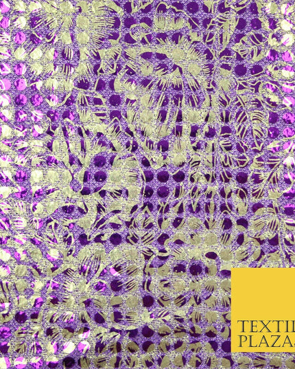 Purple Floral Print 5mm Sequin Hologram Stretch Fabric Shiny Dress Dance 2268