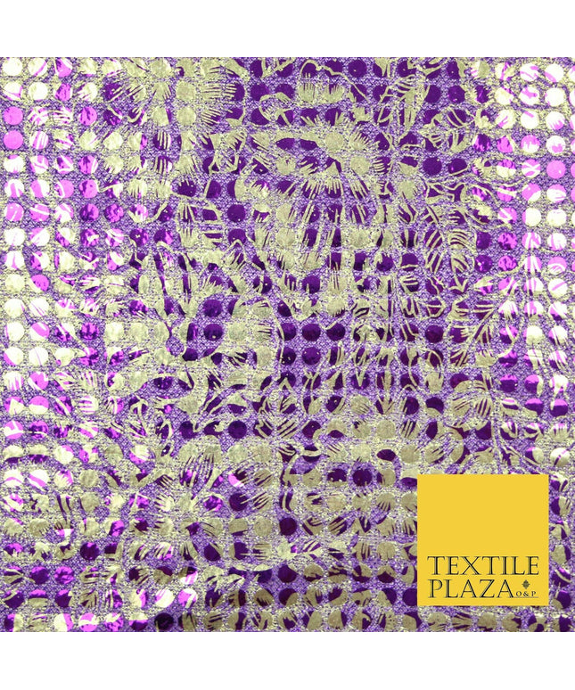 Purple Floral Print 5mm Sequin Hologram Stretch Fabric Shiny Dress Dance 2268