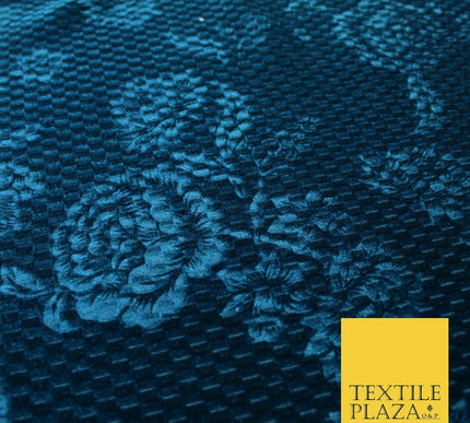 Teal Blue Floral Rose Embossed Waffle Textured Velvet Velour Dress Fabric 1904