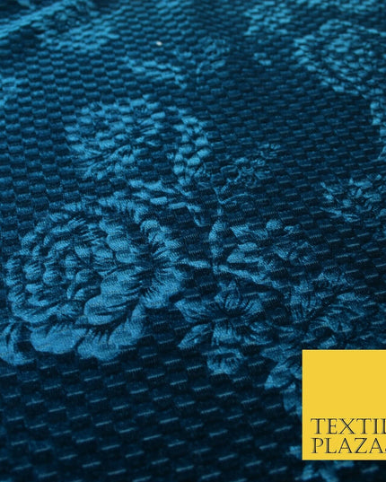 Teal Blue Floral Rose Embossed Waffle Textured Velvet Velour Dress Fabric 1904
