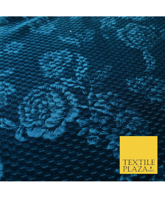 Teal Blue Floral Rose Embossed Waffle Textured Velvet Velour Dress Fabric 1904