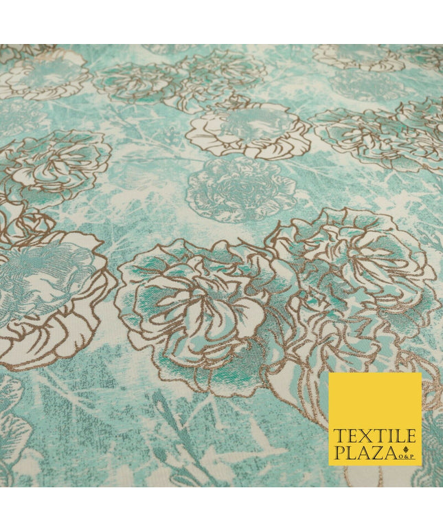 SEA GREEN BLUE Mix Rose Cluster Brocade Dress Fabric Metallic Woven Fancy 1533