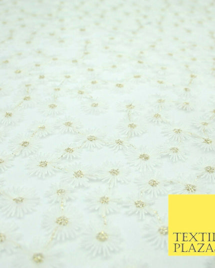 Luxury White Mini Blossom Threadwork Mesh Net Dress Fabric Gold Sparkle 1901