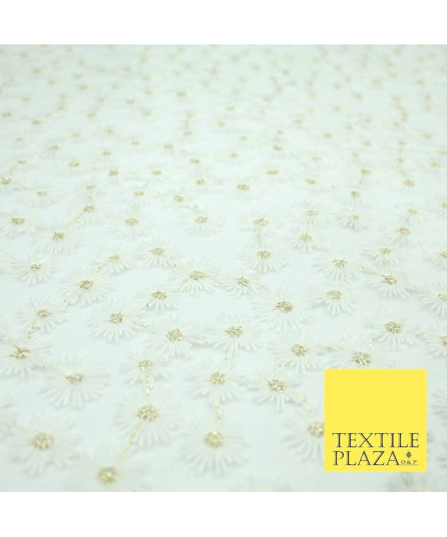 Luxury White Mini Blossom Threadwork Mesh Net Dress Fabric Gold Sparkle 1901