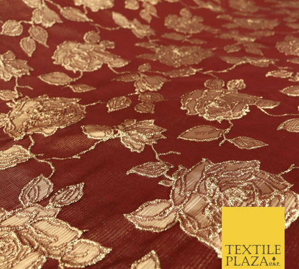 MAROON Luxury Textured Gold Floral Rose Brocade Dress Fabric Metallic Fancy 1350