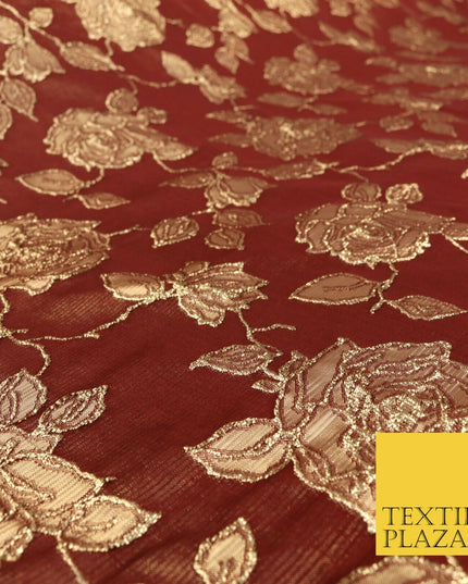 MAROON Luxury Textured Gold Floral Rose Brocade Dress Fabric Metallic Fancy 1350